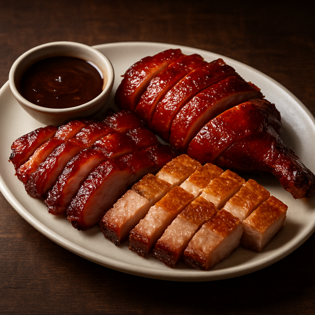 Chinese BBQ roast meats platter with hoisin sauce