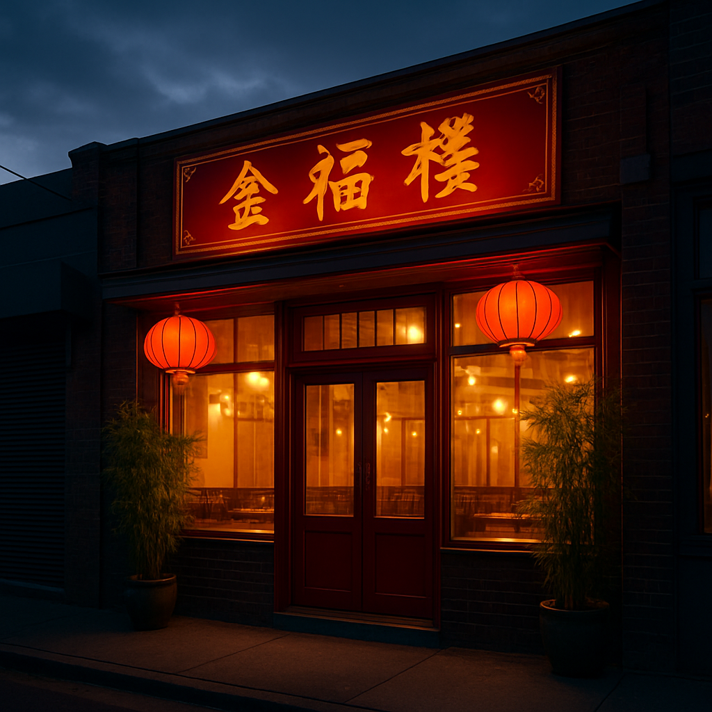 Warm exterior of Yummy Duck Chinese Restaurant at dusk with red lanterns