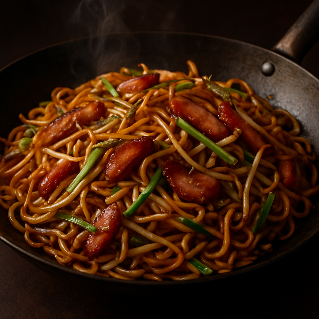 Stir-fried noodles with char siu pork in a wok