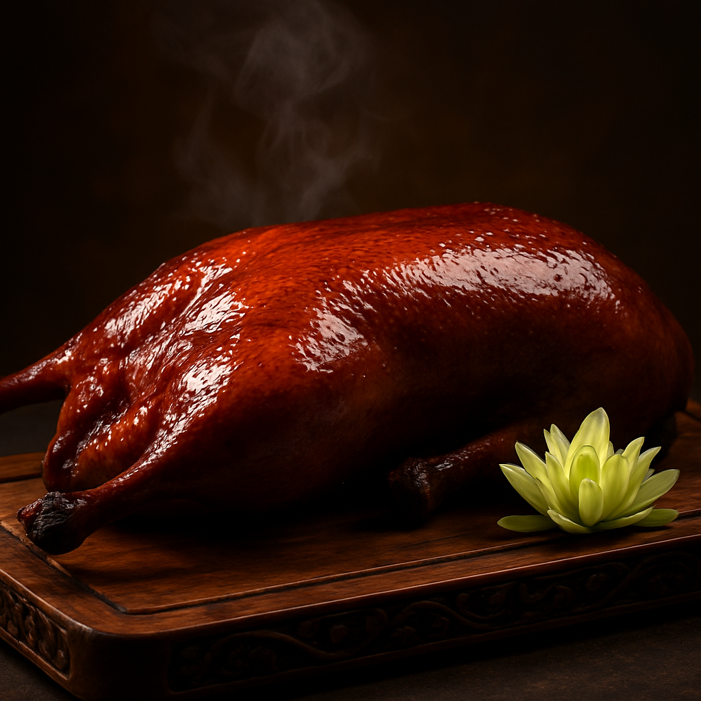 Glistening lacquered Peking duck on a serving board