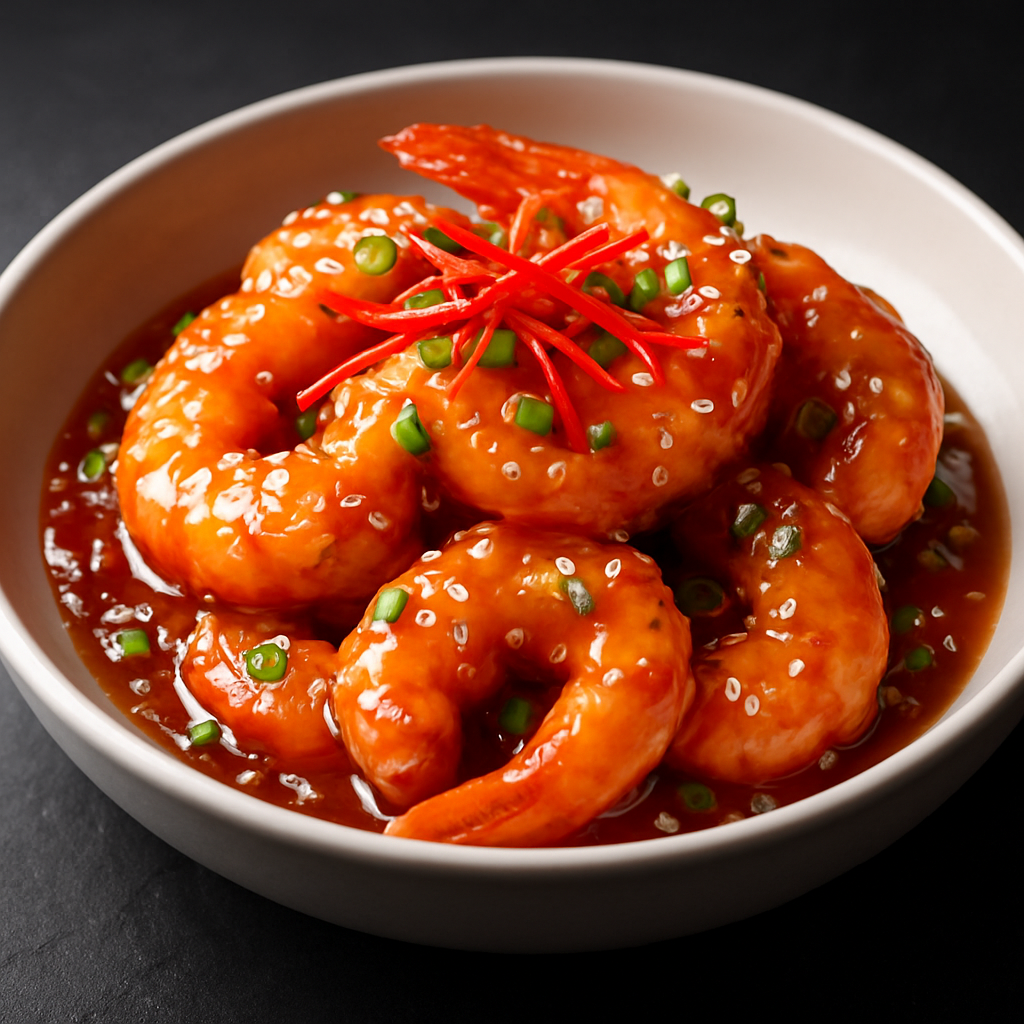 Jumbo prawns in sweet chili sauce in a white ceramic bowl