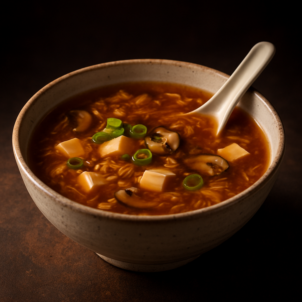 Traditional Chinese hot and sour soup in a ceramic bowl