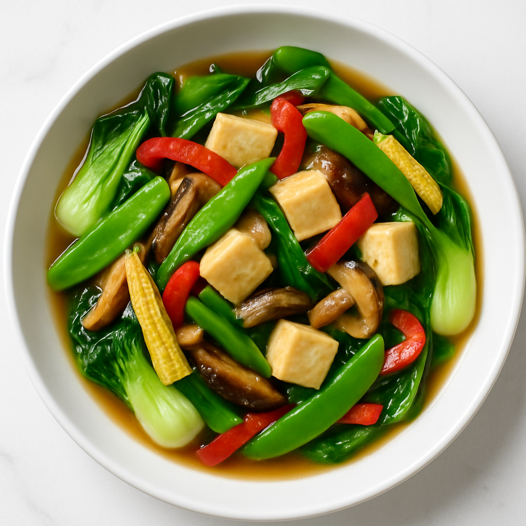 Vibrant Chinese vegetarian stir-fry with bok choy and tofu